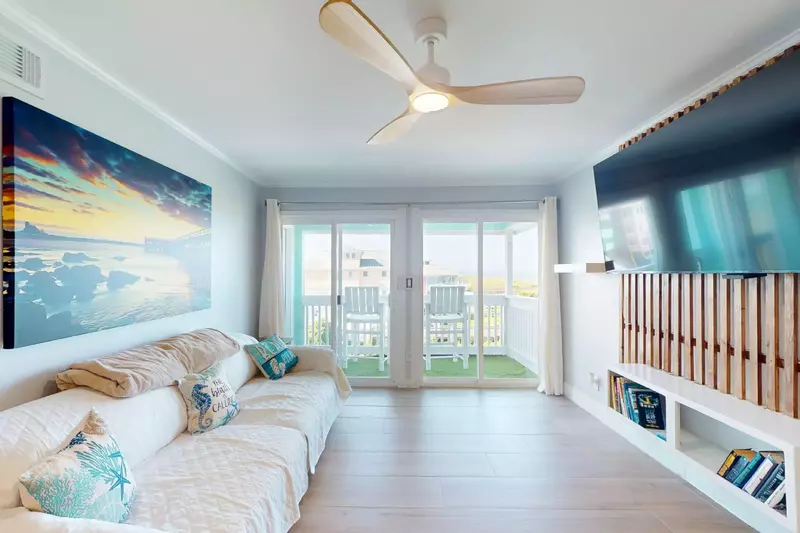 The living room sofa opens into a twin bed for additional sleeping options