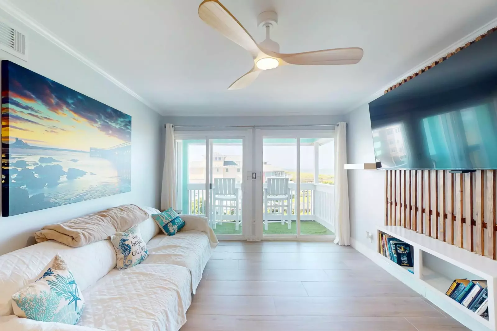 The living room sofa opens into a twin bed for additional sleeping options