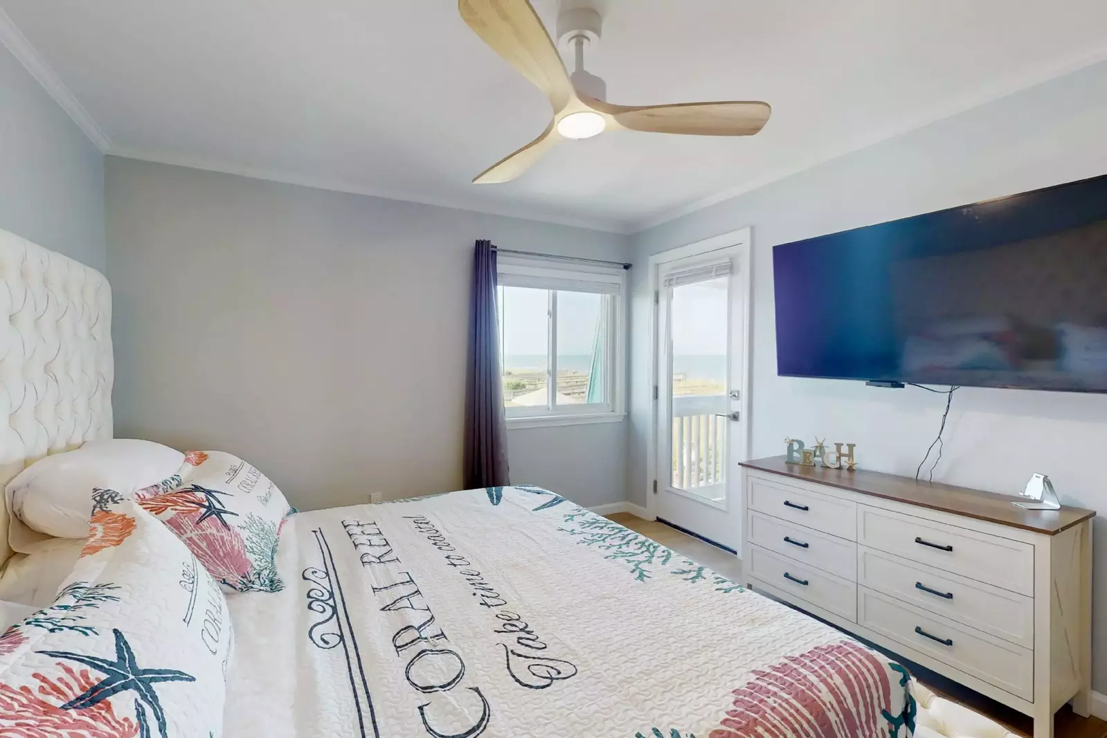 A gorgeous platform bed makes the owner suite unforgettable