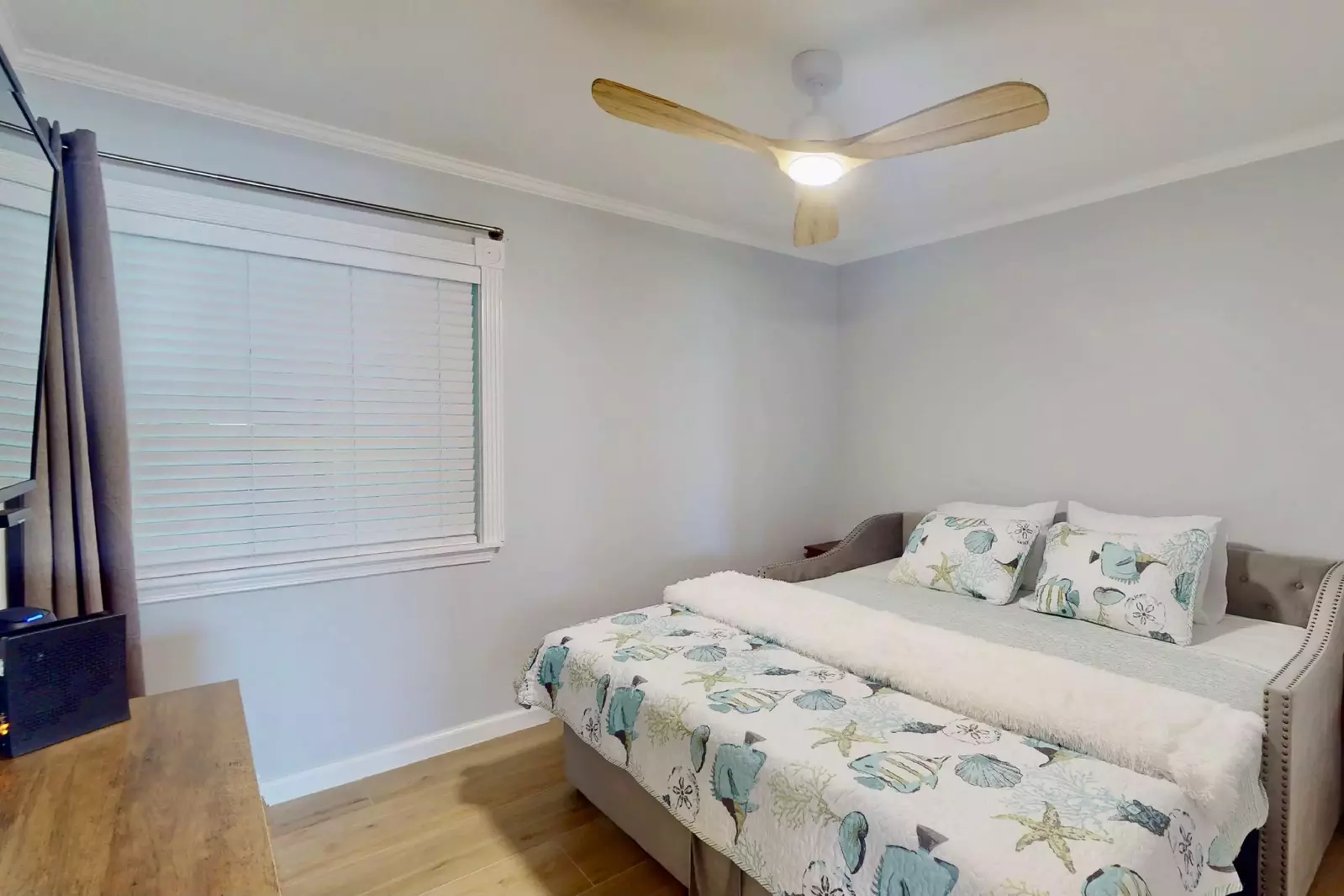 A flat screen tv in the second bedroom allows for everyone to watch their favorite show