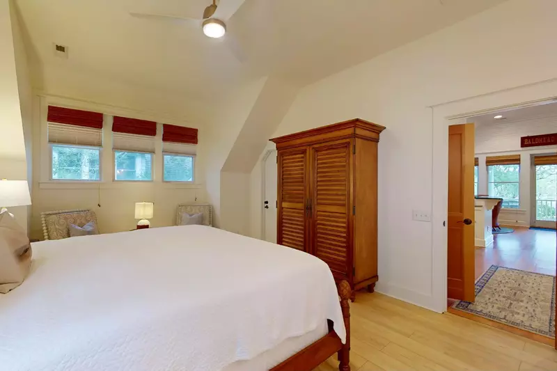 The unique architecture and relaxing sitting area make for a perfect bedroom.