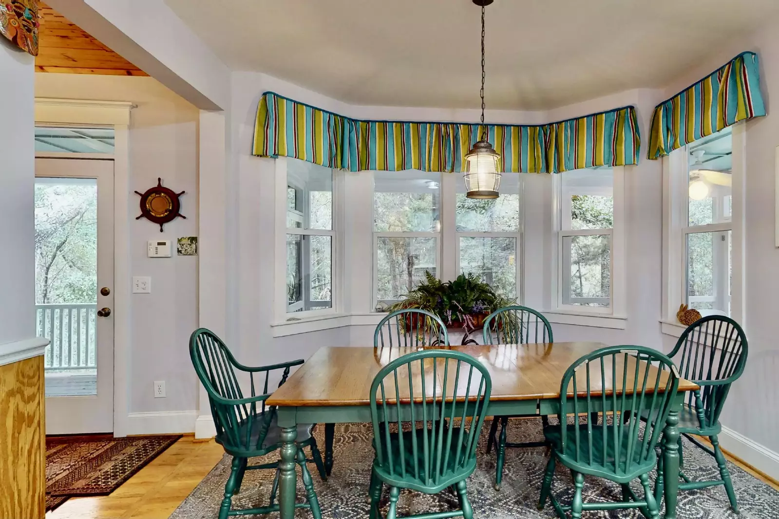 The dining table seats 6