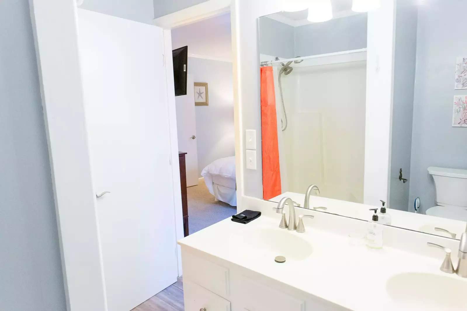 Double sinks and plenty of space add to the comfort found in this bathroom