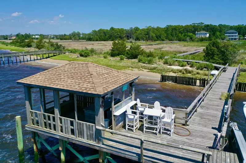 A dock gazebo provides shade for hanging out, fishing or crabbing from the dock
