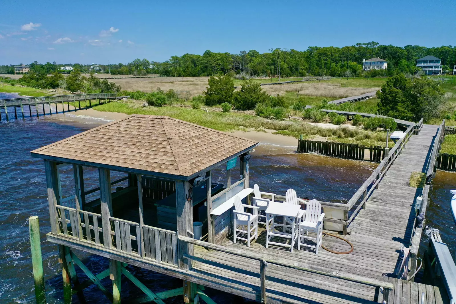 A dock gazebo provides shade for hanging out, fishing or crabbing from the dock