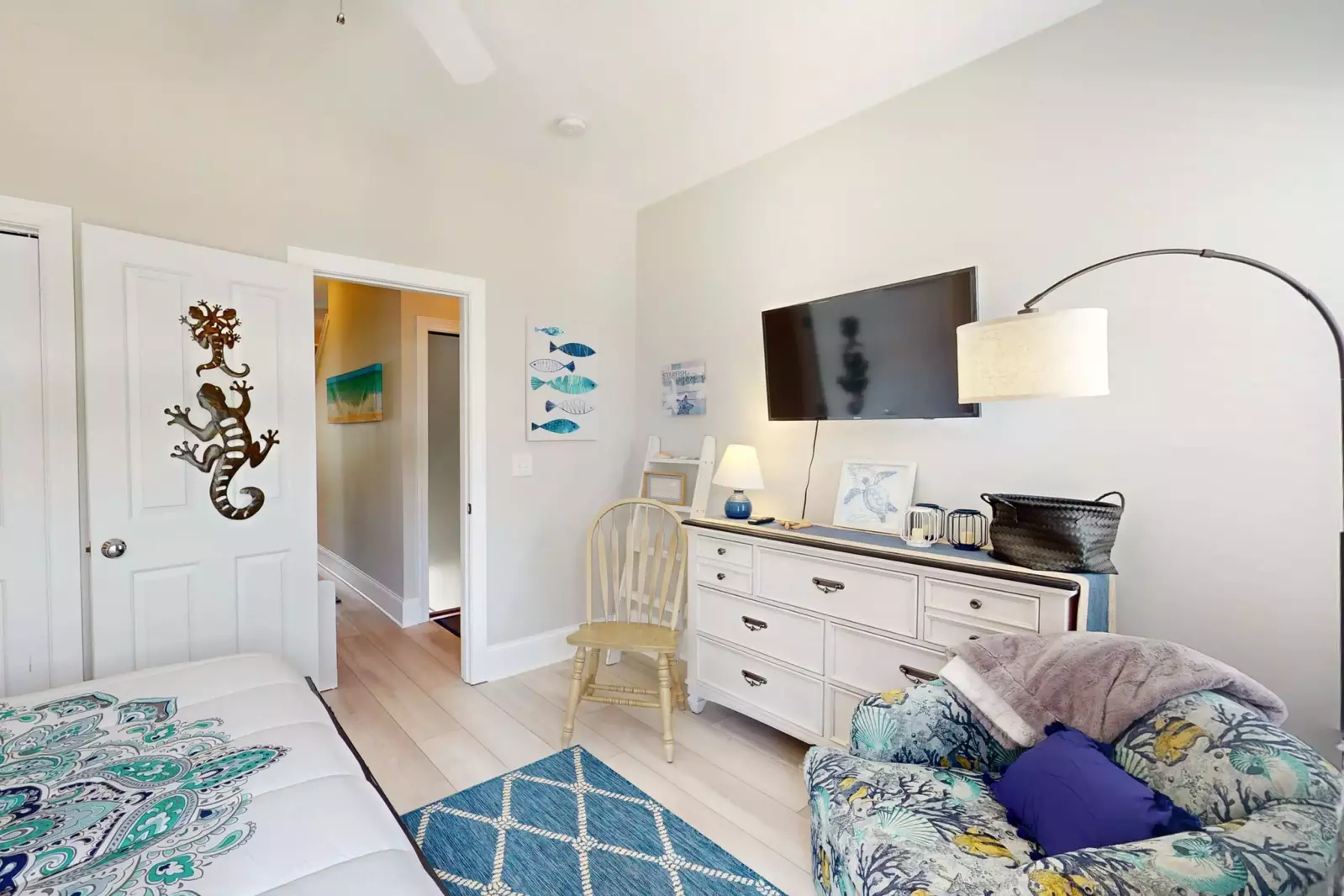 Guest bedroom with fun seating for relaxing