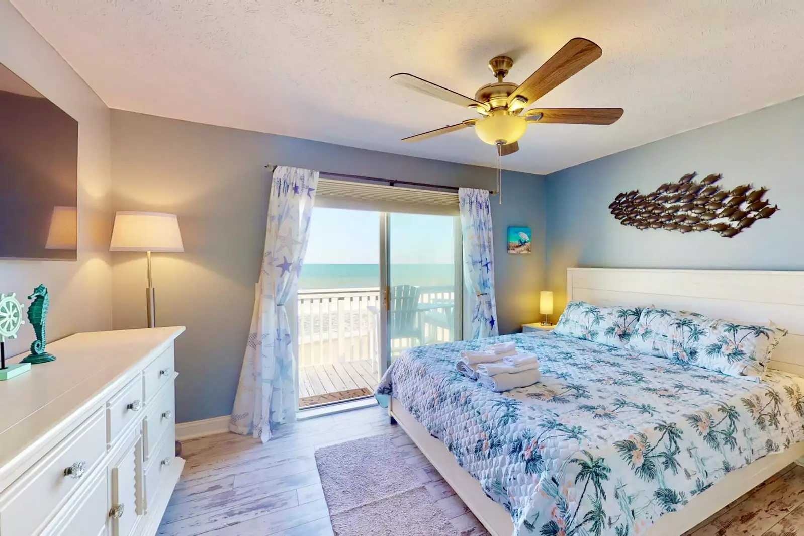 The owner suite has a king bed, great ocean views and a private bathroom