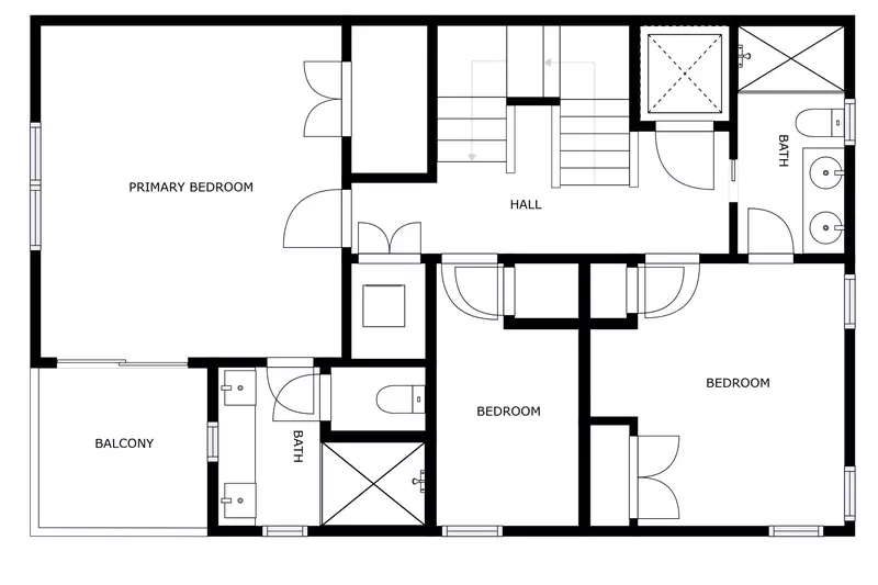 2nd floor of the home features the spacious primary bedroom with a private balcony and full bathroom, with 2 additional bedrooms