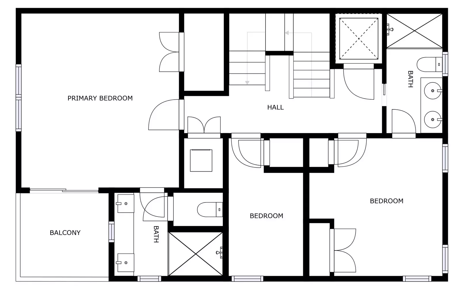 2nd floor of the home features the spacious primary bedroom with a private balcony and full bathroom, with 2 additional bedrooms