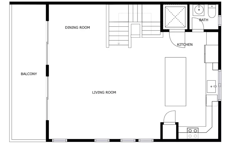 Layout of the 3rd floor, features an open floor plan with a dining room, kitchen, living room, half bath and a large deck