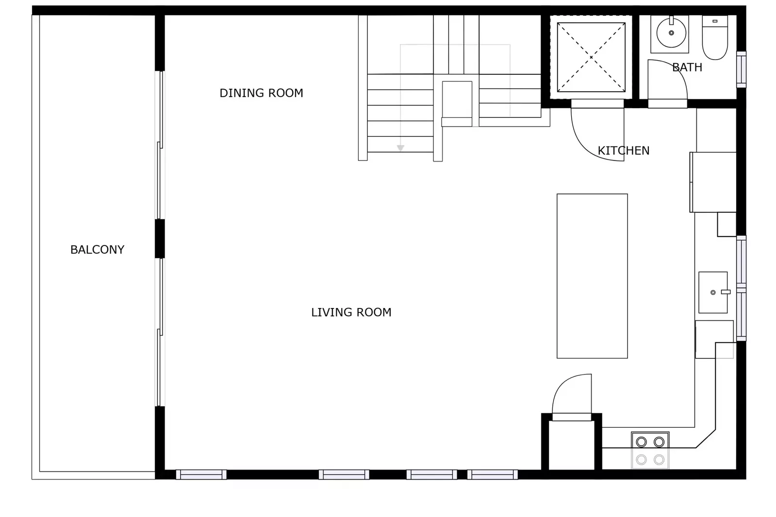 Layout of the 3rd floor, features an open floor plan with a dining room, kitchen, living room, half bath and a large deck