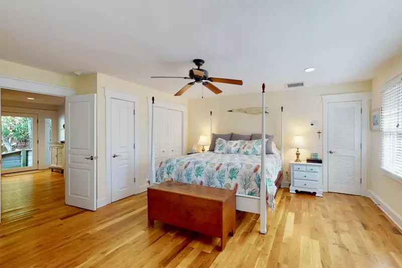 The spacious first floor owner suite has a nice king bed