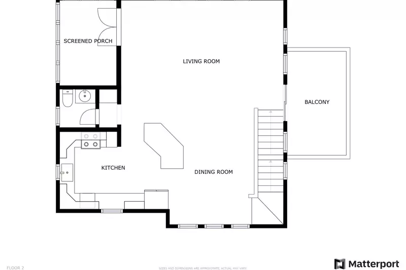 2nd floor, kitchen, dining, living space, large balcony and half bath