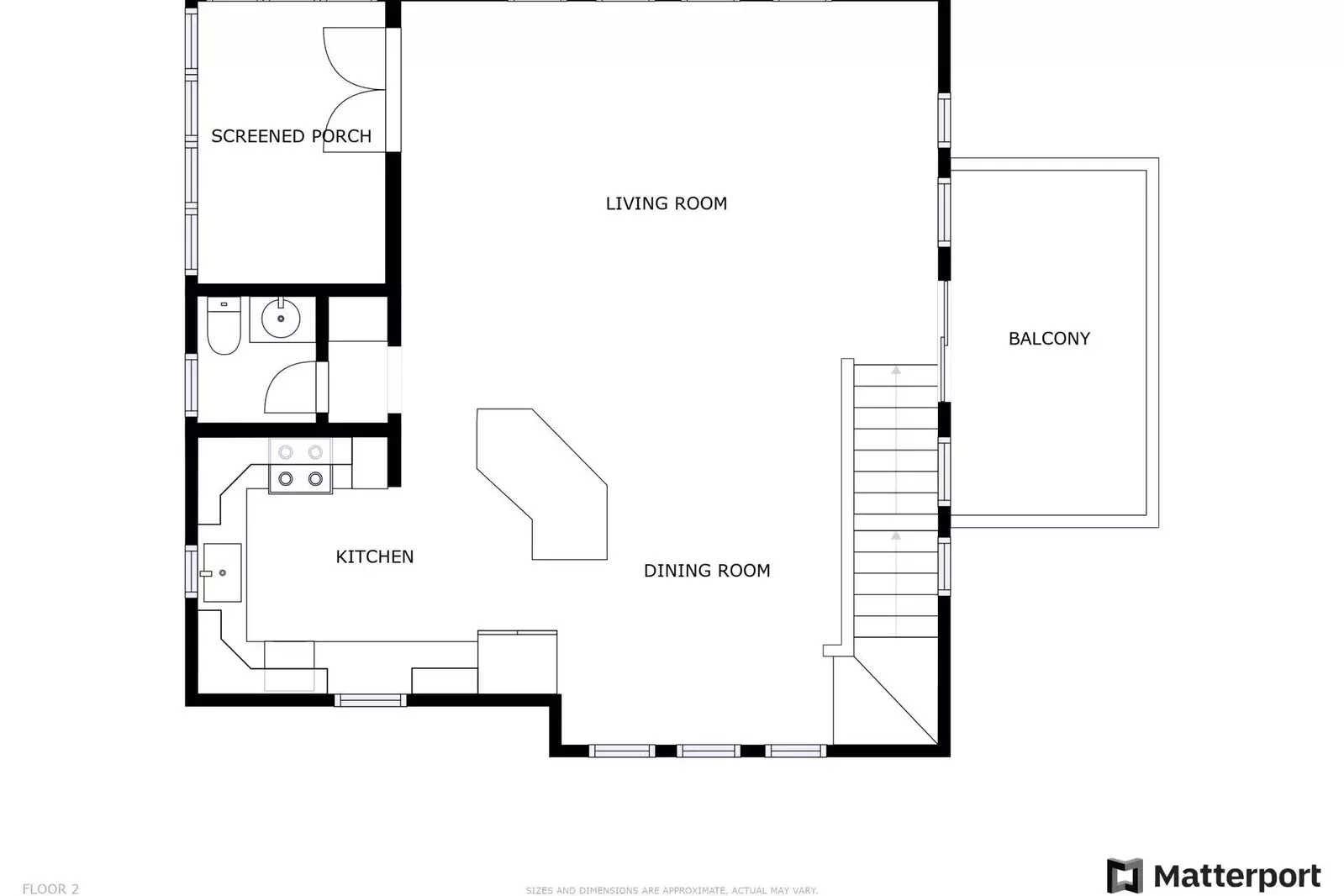 2nd floor, kitchen, dining, living space, large balcony and half bath
