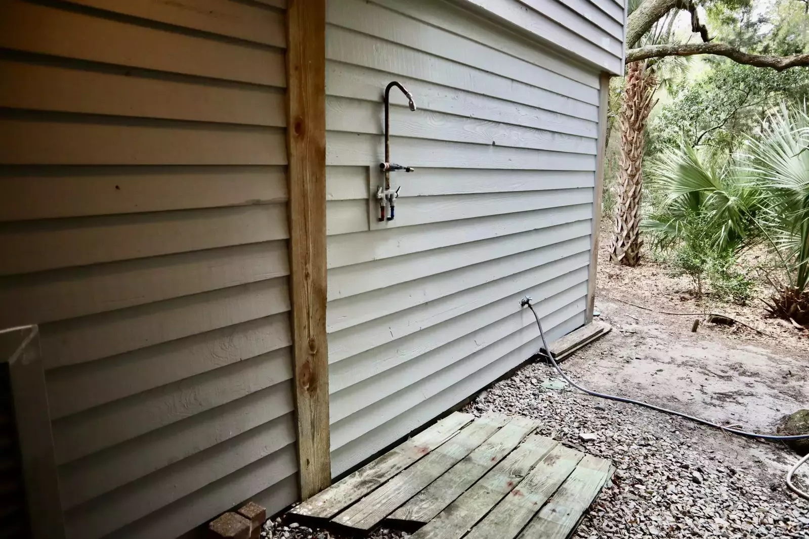 Outside shower has hot water