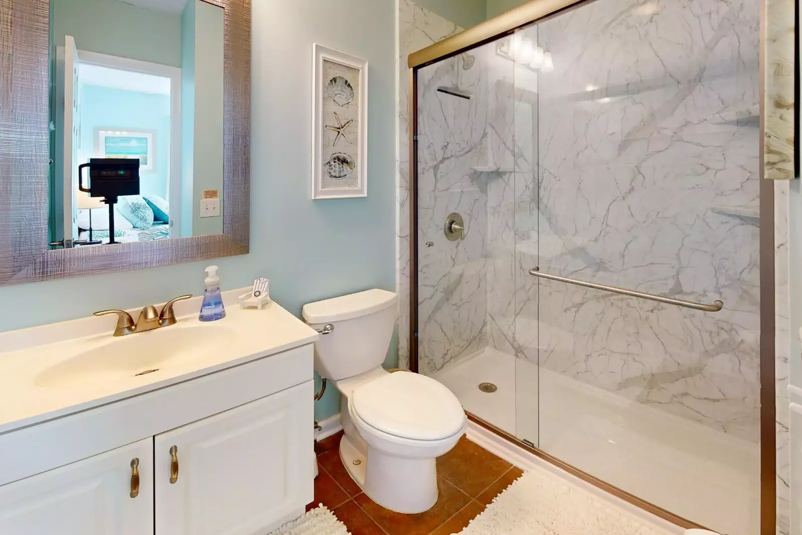 Enjoy a walk in shower in the primary ensuite