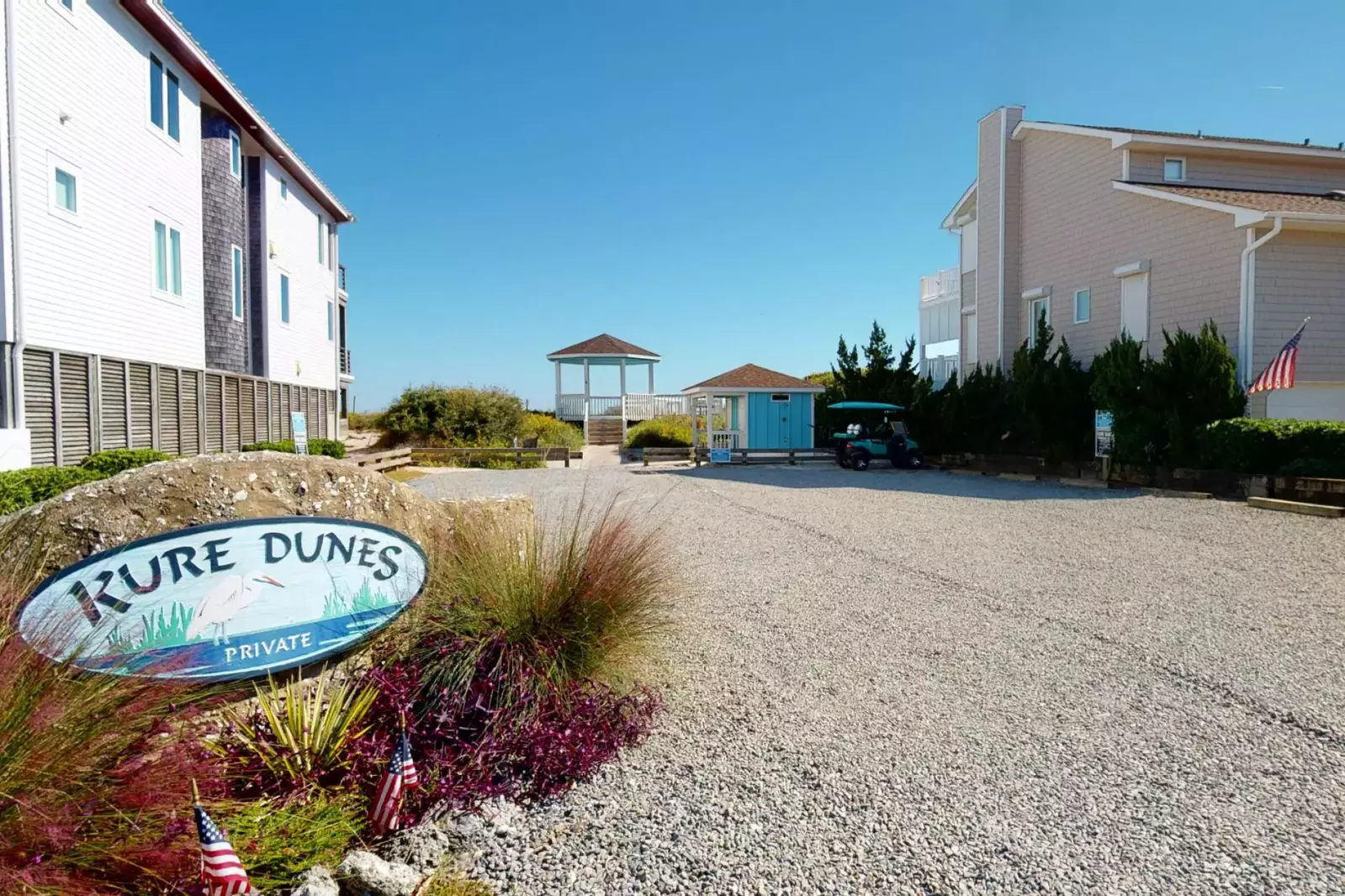 There is a shower for rinsing off and bathrooms at the private community beach access