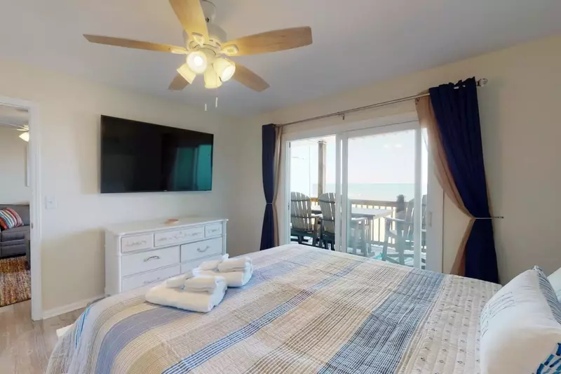 Ocean views from the master bedroom and a flat screen tv