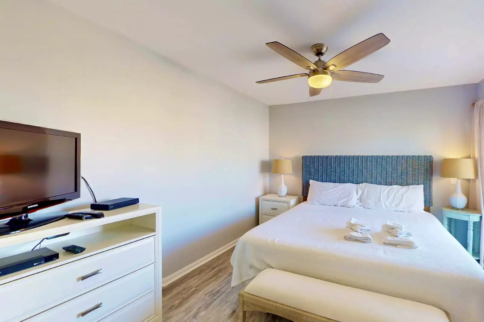 The owners suite is spacious, and has an updated king bed