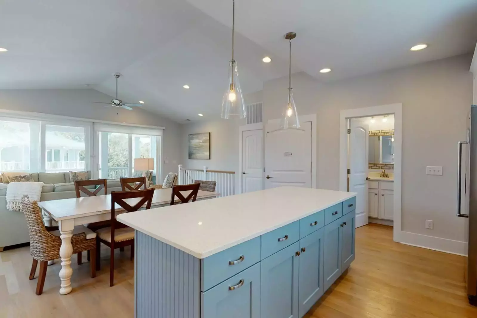 The top floor is set up to have easy access to kitchen, dinning area, elevator, sitting area, 1/2 bathroom and deck