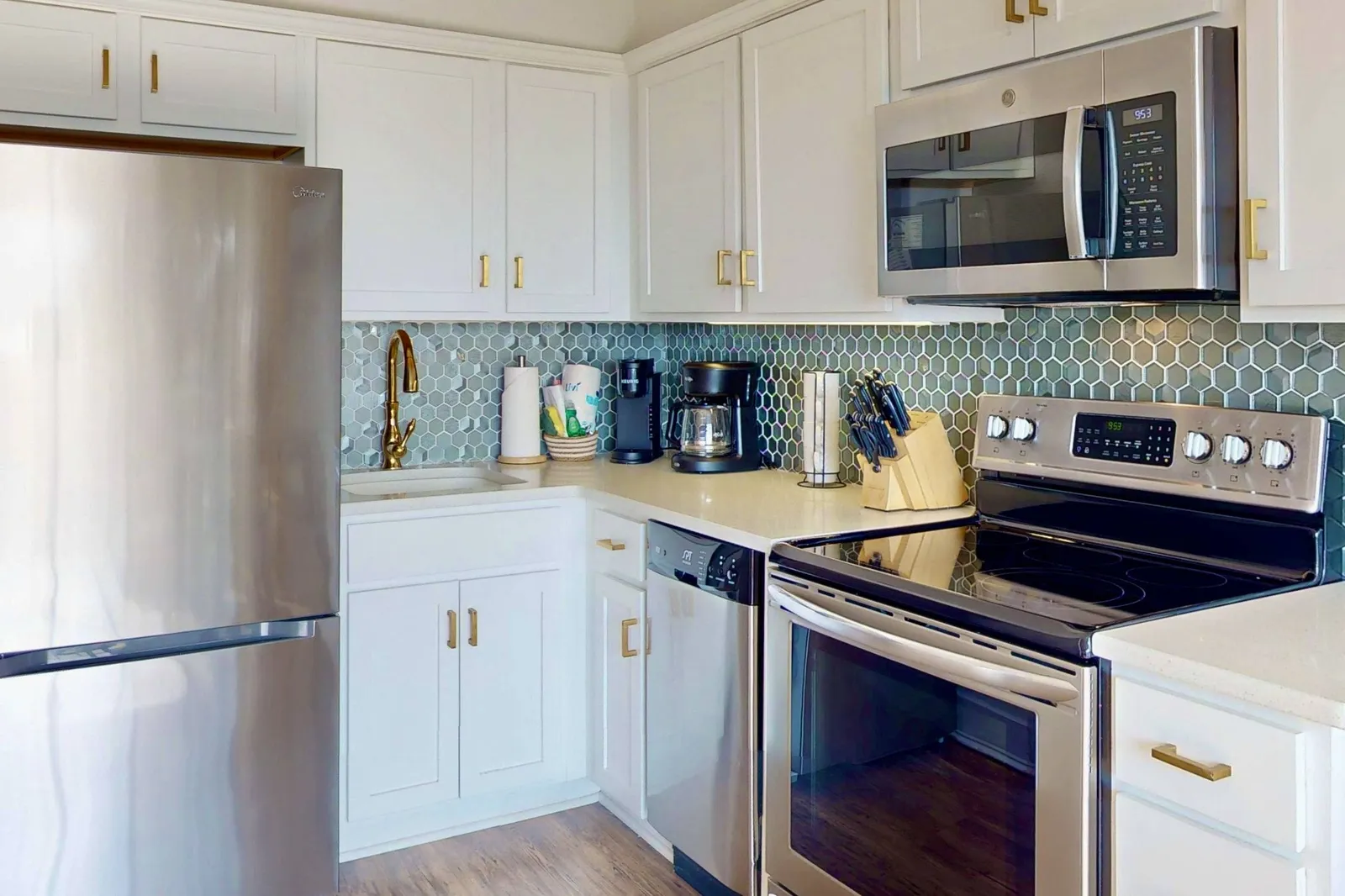 Updated kitchen with a coastal backsplash