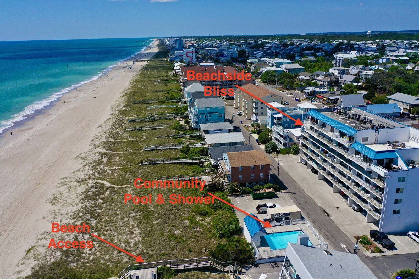 The pool and beach access are conveniently located