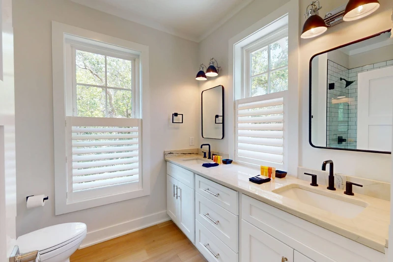 The upstairs ensuite has double sinks and plenty of counter space